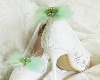 Feather Bow Shoe Clips Mint Green Bridal Bridesmaid, Rhinestone Crystal Opal Gold Wedding Jewelry Accessory, Prom Homecoming Shoeclips #4