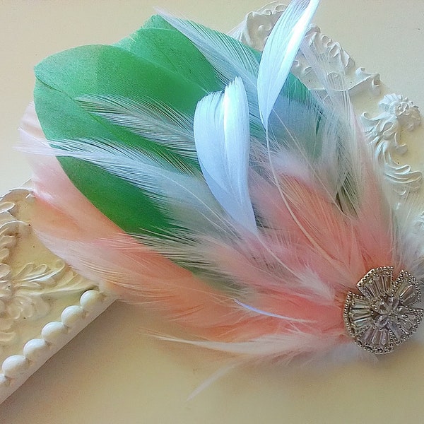 Wedding Feather Hairclip Hairpiece, Summer Wedding Theme Peach Blush Sage, Bridesmaid Bridal Hair Jewellery  Cubic Zirconia 18