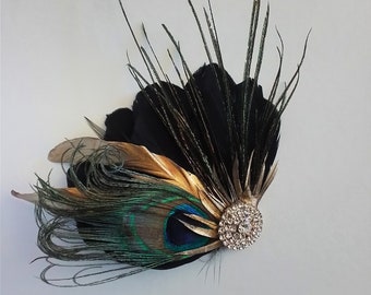 Gold Black Peacock Feather Hairclip, 1920s Gatsby Rhinestone Hairpiece, Wedding Bridal Prom Hair Accessory, Large Feather Fascinator Comb 18