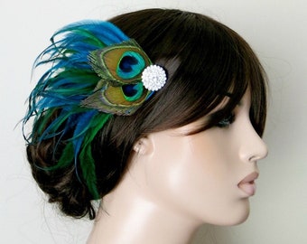 Peacock Feather Hairclip Turquoise Green, Bridesmaid Bridal Hairpiece, Gatsby Hair Accessory Art Deco 1920s,  Summer Wedding, #12