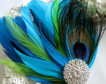 Peacock Feather Hairclip Blue Green, Feather Bridal Bridesmaid Hair Accessory, Rhinestone  Wedding Hairpiece, Gatsby Art Deco 1920s #8