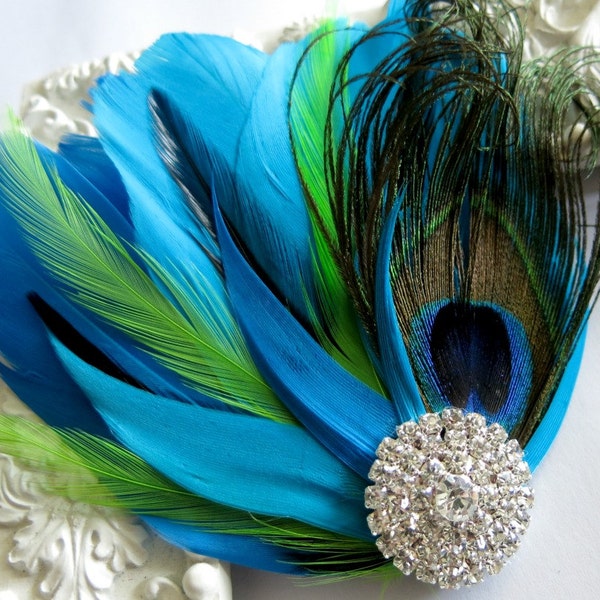 Barrette plume de paon bleu vert, accessoire pour cheveux de demoiselle d'honneur mariée plume, postiche de mariage strass, Gatsby Art déco des années 1920 #8