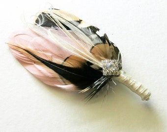 Feather Lapel Pin Brooch Peach Ivory Copper, Pheasant Boutonniere Groom Groomsmen Suit Accessory, Country Wedding #1