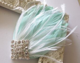 Mint Feather Hairclip Gatsby 1920s Style, Green and White Hairpiece Fascinator, Bridal Wedding Hair Rhinestone Crystal, Ostrich Plumes #14