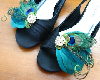 Peacock Feather Clips Shoeclips Green, Rhinestone Crystal Gold Wedding Jewelry Accessory, Jewel Colours Bling Shoes Low Block Heel, #1