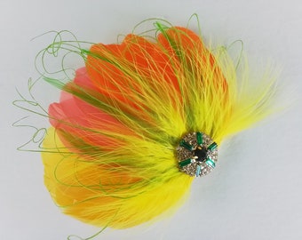 Wedding Feather Hairclip Hairpiece Peacock, Citrus Summer Wedding Yellow Orange Coral Green, Bridesmaid Gift Jewelry Gold Quinceanera # 17