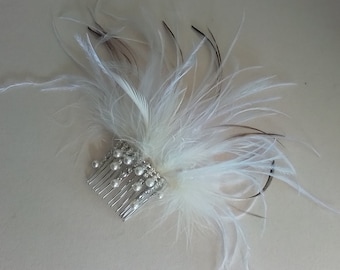 Feather Hair Accessory Ivory White Feathers, Emu Ostrich Duck Feather Bridal Haircomb, Wedding Hairpiece Gatsby 1920s Rhinestone Pearl #21