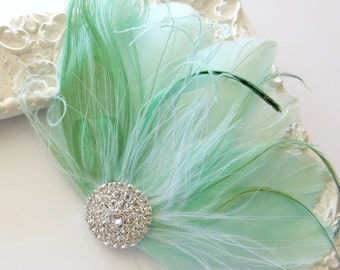 Accessorio per capelli con piume da damigella d'onore, accessorio per capelli da sposa con fascinatore di piume, fermaglio per capelli con piume verde menta pavone, Art Deco degli anni '20