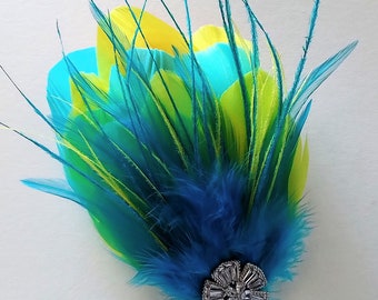 Feather Fascinator Hairclip Gatsby Bridal Bridesmaid Accessory, Yellow Blue Summer Wedding, Peacock and Duck feathers Cubic Zirconia Jewel