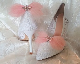 Feather Bow Shoe Clips Peach Pink Bridal Bridesmaid, Rhinestone Crystal Gold Wedding Jewelry Accessory, Shades of Pink Summer Wedding #6