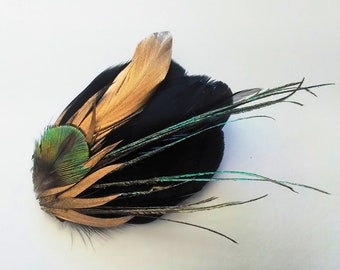 Peacock Feather Hairclip Gold Black, 1920s Gatsby Rhinestone Hairpiece, Wedding Bridal Bridesmaid Hair, Small Feather Fascinator Comb 19