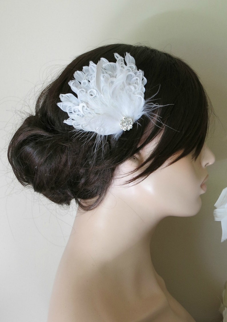 Feather Fascinator White Curled Feathers with Rhinestone Detail, Bridal Feather Clip ,Wedding Hairpiece Hairclip, Art Deco Gatsby 1920s 5 image 2