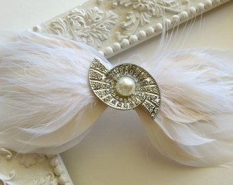 Bow Feather Fascinator White Wedding Hairpiece, Champagne White Vintage Wedding Hairclip, Art Deco 1920s Headpiece Pearl Rhinestone  #15