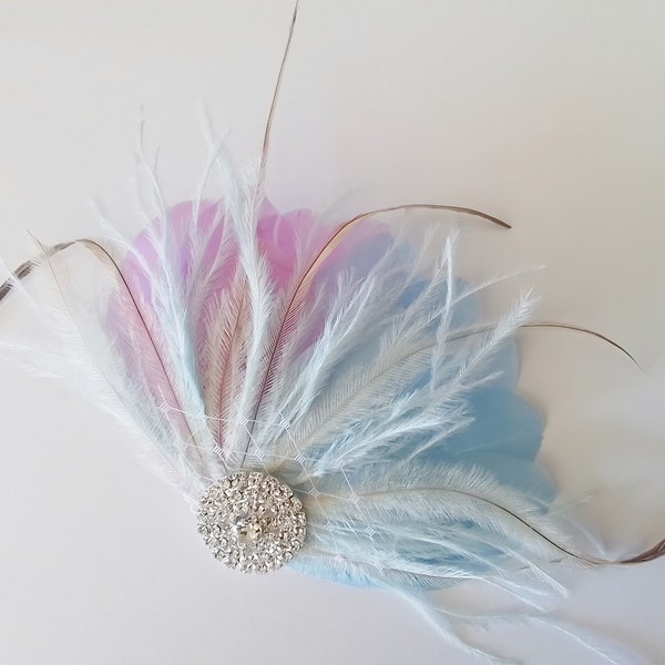 Feather Fascinator Blue Lavender Feathers with Rhinestone, Emu Ostrich Duck Feather Bridal Hair Clip, Wedding Hairpiece Sparkling Silver