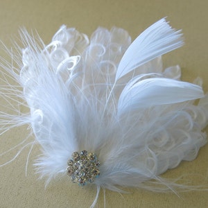 Feather Fascinator White Curled Feathers with Rhinestone Detail, Bridal Feather Clip ,Wedding Hairpiece Hairclip, Art Deco Gatsby 1920s 5 image 1
