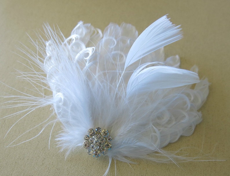 Feather Fascinator White Curled Feathers with Rhinestone Detail, Bridal Feather Clip ,Wedding Hairpiece Hairclip, Art Deco Gatsby 1920s 5 image 1