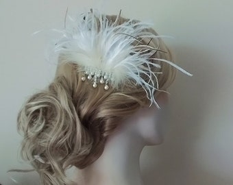 Gatsby 1920s Feather Hair Accessory Ivory White Feathers, Emu Ostrich Duck Feather Bridal Haircomb, Wedding Hairpiece Rhinestone Pearl #21