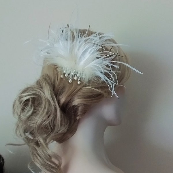 Gatsby 1920s Feather Hair Accessory Ivory White Feathers, Emu Ostrich Duck Feather Bridal Haircomb, Wedding Hairpiece Rhinestone Pearl #21