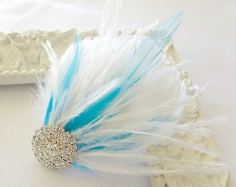 Feather Fascinator Something Blue and White with Rhinestone, Bridal Feather Clip Wedding Hairpiece, Small Bridal Great Gatsby Clip Comb, #9