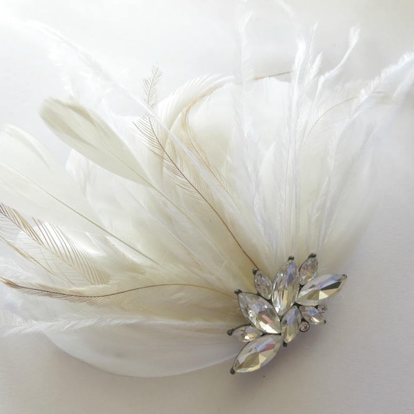 Feather Fascinator White and Ivory Feathers with Rhinestone detail, Emu and Duck Feather Bridal Clip, Wedding Hairpiece Small sparkly,  #11