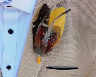 Feather Lapel Pin, Duck Emu Pheasant Feather Boutonniere Bout, Groom Groomsmen Suit Accessory, Yellow Antique Gold Buttonhole Fall Colours