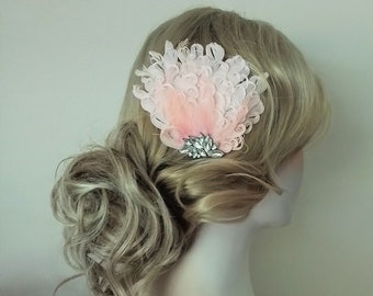 Feather Fascinator Blush Pink Curled Feathers Rhinestone Detail, Duck Feather Bridal Clip, Wedding Hairpiece Rhinestone Barette Bridesmaid