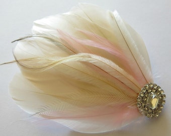 Accessorio per capelli con piume Matrimonio nuziale Grande Gatsby, Fascinator di piume per damigella d'onore Pezzo per capelli da sposa, Fermaglio per capelli rosa cipria avorio