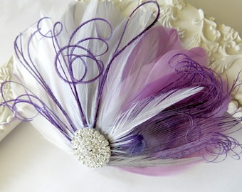 Peacock Feather Hairclip  White Grey Purple Bridesmaid Bridal Hairpiece, Large colourful hair Accessory, Art Deco 1920s Great Gatsby, #10