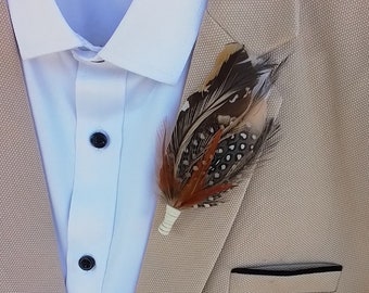 Boutonniere di piume, spilla da bavero con piume di fagiano emù d'anatra, accessorio per abito dei testimoni dello sposo, asola in avorio, rosa cipria, colori autunnali