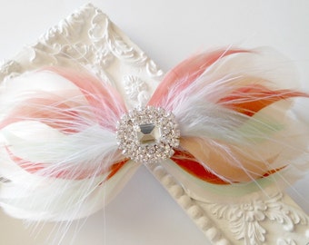 Wedding Hair Bow Peach Mint Coral Champagne Feather Hairclip, Fascinator Wedding Hair Clip Rhinestone Hair Jewelry, Bridal Hairpiece #4