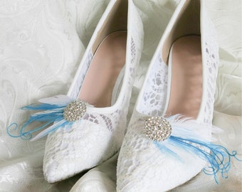 Fermagli per scarpe con piume Qualcosa di blu damigella d'onore da sposa, accessorio per gioielli da sposa in argento con cristalli di strass, ballo di fine anno #5