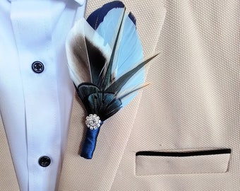 Duck Feather Lapel Pin,Pheasant Feather Boutonniere Bout, Navy Blue Groom Groomsmen Accessory, Country Outdoor Wedding, Hat Pin