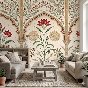 May include: A living room with floral wallpaper featuring red and yellow flowers, green leaves, and arched designs. Two grey sofas face a wooden coffee table and a woven rug. Decorative items and plants add to the room's ambiance.