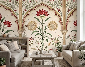 Indian Vintage Wall Mural, Peel and Stick Flower Decor, Non Woven Arch Wallpaper