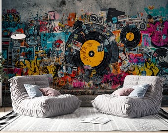 Carta da parati street art con boombox graffiti / Murale autoadesivo in stile urbano / Adesivo per dischi in vinile retrò