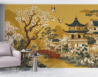 Vintage Chinoiserie Mural, Peel and Stick Wallpaper, Gold Asian Non Woven