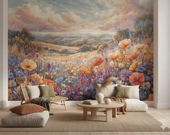 May include: A vibrant mural depicting a field of colorful wildflowers, including poppies and blue blooms, under a cloudy sky. The scene evokes a sense of tranquility and natural beauty. The mural serves as a backdrop for a cozy living space with neutral-toned furniture.