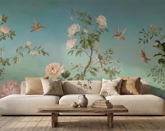Chinoiserie Floral Mural, Peonies and Hummingbirds Garden, Teal Botanical Wallpaper,Peel and Stick