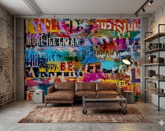 Urban Graffiti Peel and Stick, Street Art Non Woven Wallpaper, Colorful Pop Mural
