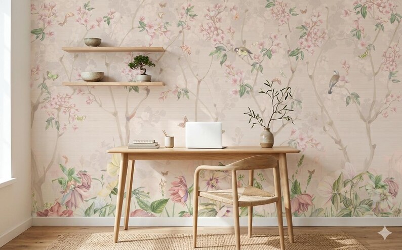 Vintage Pink Floral Wallpaper, Chinoiserie Wall Mural, Peel and Stick ...