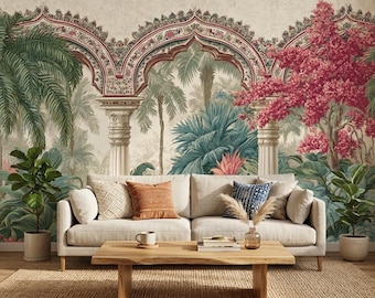 Papel pintado estilo jardín mogol, mural de palmeras exóticas, decoración de pared con arco vintage (autoadhesivo).