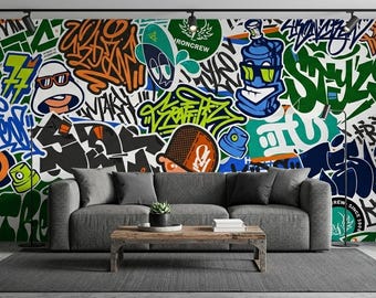 Graffiti Street Art-behang, Peel and Stick-muurdecoratie, kleurrijke hiphop-muurschildering