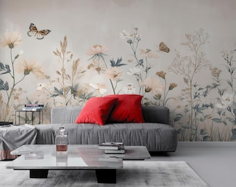 Soft Floral Wildflower Wallpaper | Peel and Stick Nature Wall Mural (Pastel Nursery)