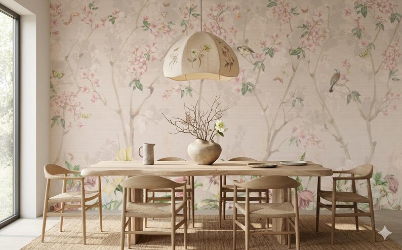 Vintage Pink Floral Wallpaper, Chinoiserie Wall Mural, Peel and Stick ...