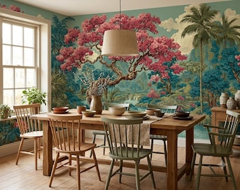 Vintage rosa blommor, självhäftande tapet, japansk trädgård, non-woven landskapsmålning
