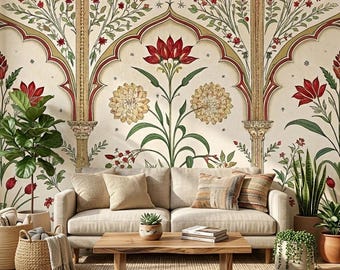 Mughal Floral Wallpaper, Vintage Indian Arch Wall Mural, Peel and Stick, Elegant Flower Decor