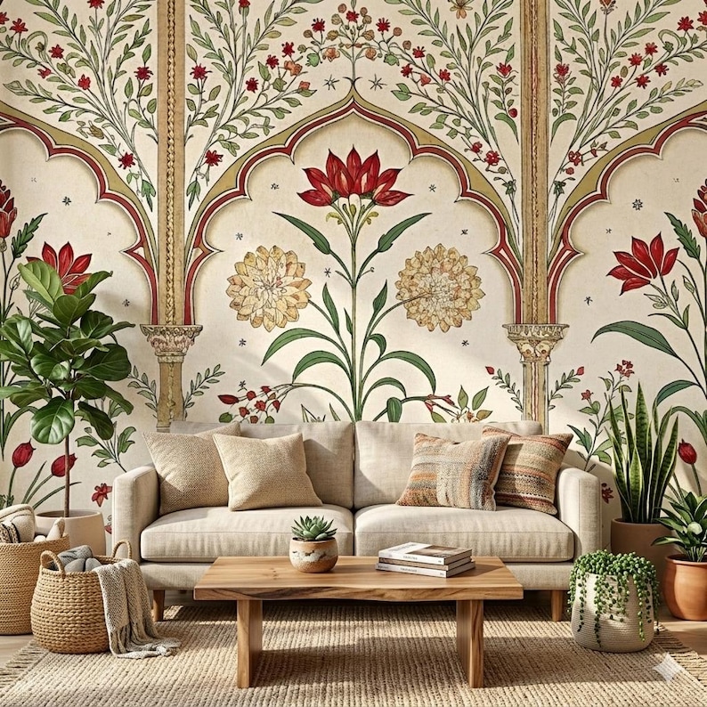 Mughal Floral Peel and Stick Wallpaper, Vintage Botanical Non Woven ...