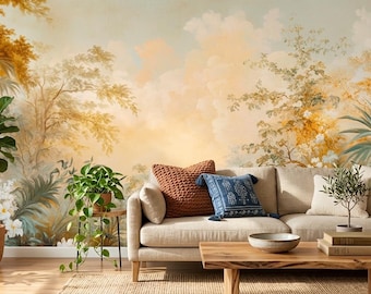 Mural de jardín tropical de estilo chinoiserie, papel pintado romántico con paisaje floral (autoadhesivo)