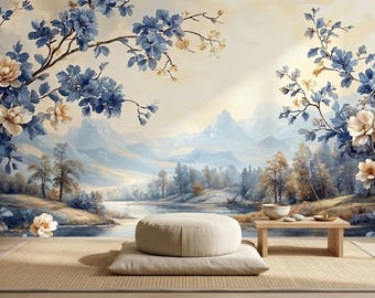 Vintage Berglandschaft Tapete, Blau Chinoiserie Blumen Wandbild, Schälen und Aufkleben, Vlies