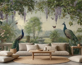 Carta da parati vintage con pavone e giardino, murale floreale con glicine, decorazione romantica per la terrazza, autoadesiva.
